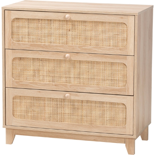 Elsbeth 3 Drawer Storage Cabinet in Oak Brown Finish Wood & Natural Rattan