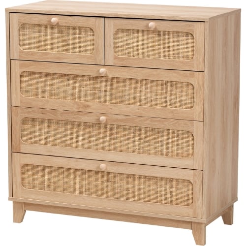 Elsbeth 5 Drawer Storage Cabinet in Oak Brown Finish Wood & Natural Rattan