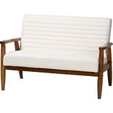 Stratton Loveseat in Cream Boucle Fabric & Walnut Brown Finish Wood