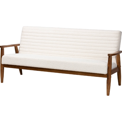 Stratton Sofa in Cream Boucle Fabric & Walnut Brown Finish Wood