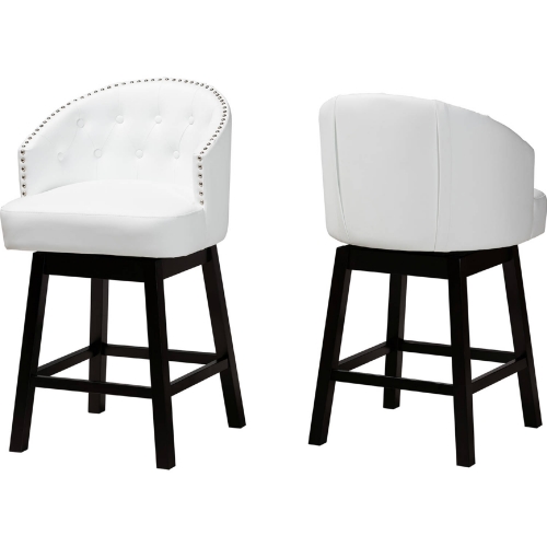 Theron Swivel Counter Stool in Tufted White Leatherette & Espresso Wood (Set of 2)