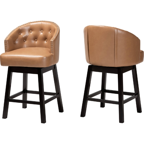 Theron Swivel Counter Stool in Tufted Tan Leatherette & Espresso Wood (Set of 2)