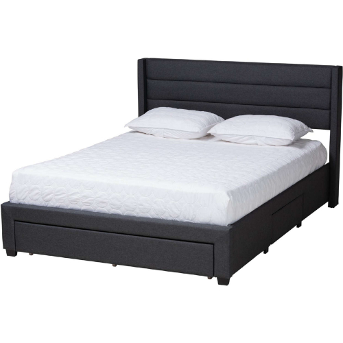 Braylon Full 3 Drawer Storage Platform Bed in Channel Tufted Charcoal Grey Fabric & Dark Wood