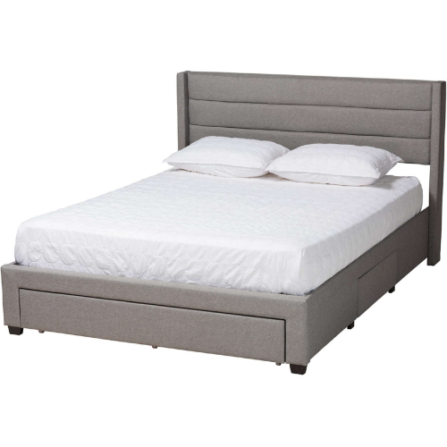 Braylon Full 3 Drawer Storage Platform Bed in Channel Tufted Light Grey Fabric & Dark Wood