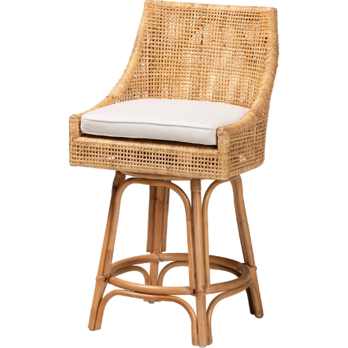 Bella Counter Stool in Natural Brown Rattan & White Fabric