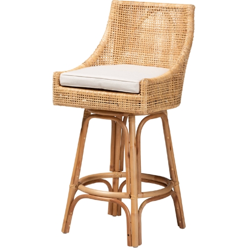 Bella Bar Stool in Natural Brown Rattan & White Fabric