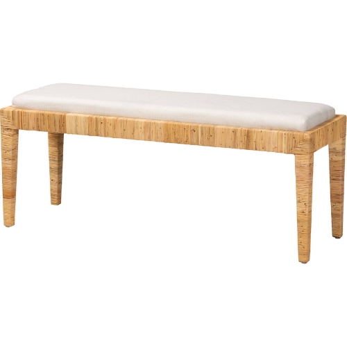 Sofia Bench in Natural Rattan, Mahogany & White Fabric