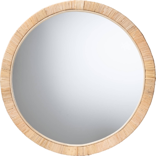 Bella Round Mirror in Natural Brown Mahogany & Rattan