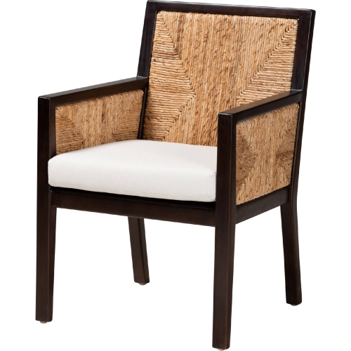 Joana Dining Arm Chair in Dark Mahogany, Seagrass & White Fabric