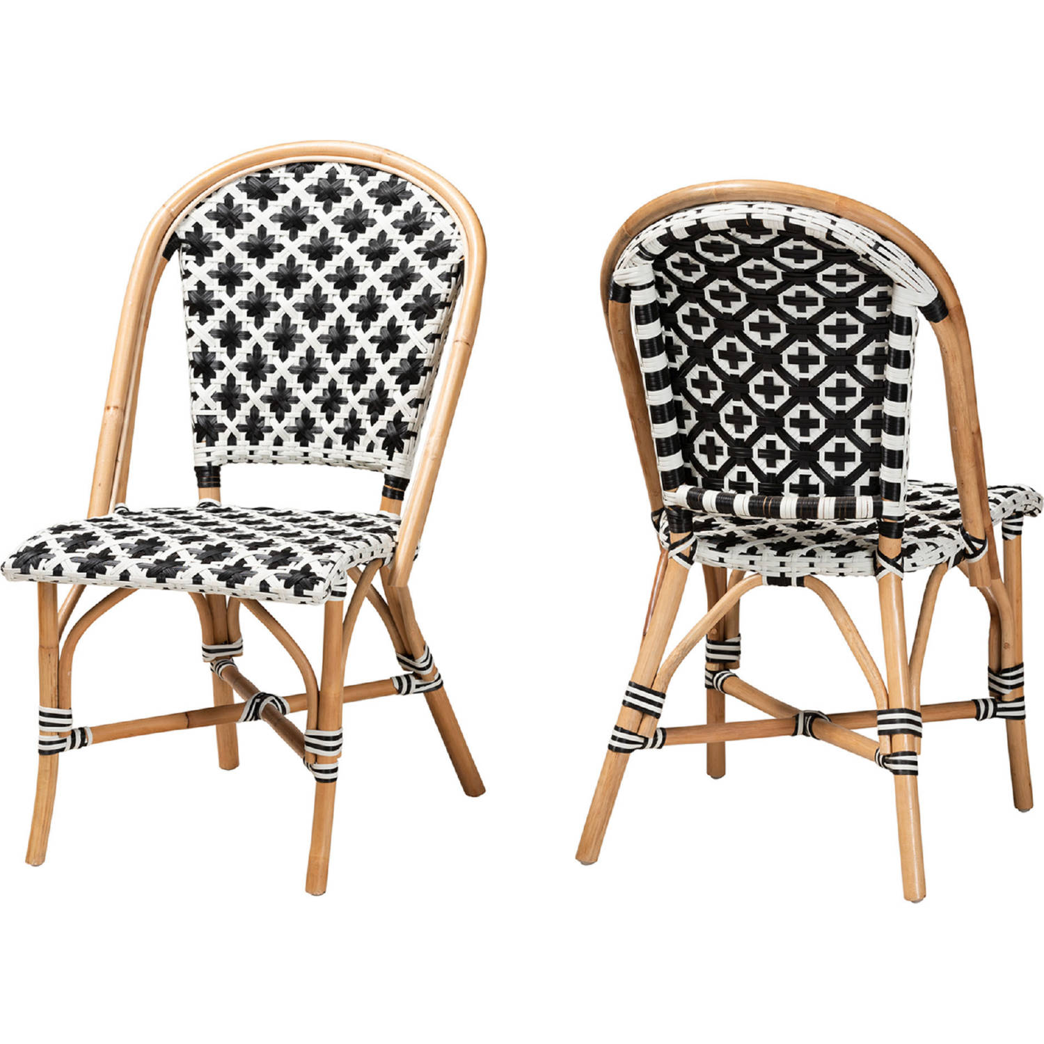 Baxton BC003 Rattan DC Ambre French Bistro Dining Chair in Natural Rattan Black White Woven Poly Set of 2