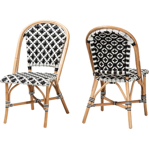 Ambre French Bistro Dining Chair in Natural Rattan, Black & White Woven Poly (Set of 2)