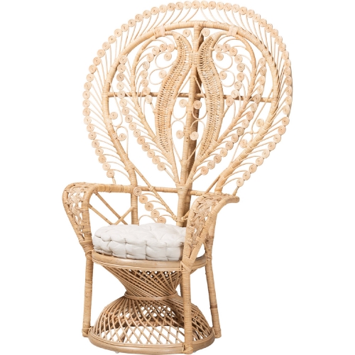 Fedra Peacock Accent Chair in Natural Brown Rattan & White Fabric