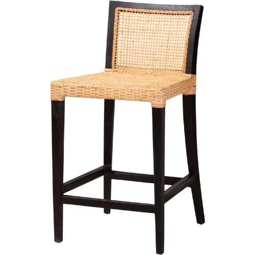 Lingga Counter Stool in Dark Brown Mahogany Wood & Natural Rattan