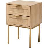 Dewitt 2 Drawer End Table in Light Brown Wood, Rattan & Gold Metal