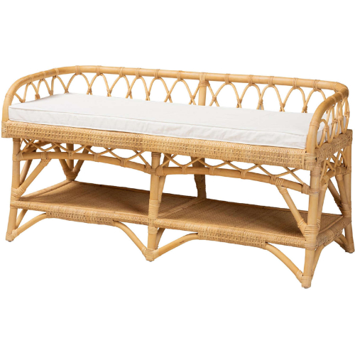 Leryn Bench in Natural Brown Rattan & White Fabric