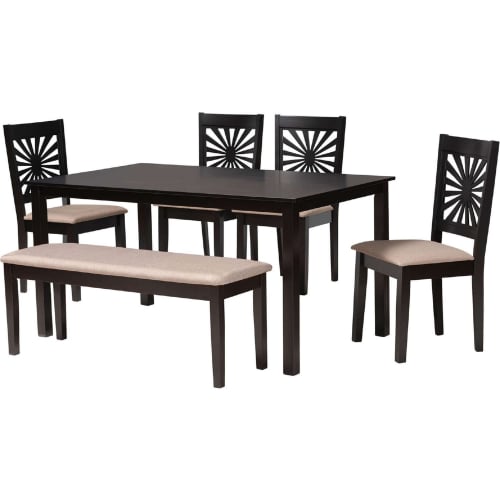 Olympia 6 Piece Dining Set in Beige Fabric & Espresso Brown Finish Wood