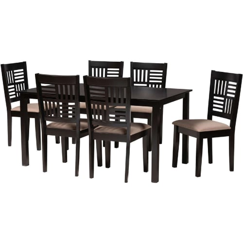 Deanna 7 Piece Dining Set in Beige Fabric & Dark Brown Finish Wood