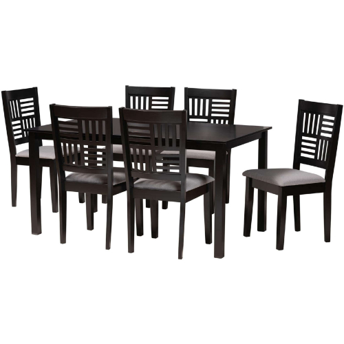 Deanna 7 Piece Dining Set in Grey Fabric & Dark Brown Finish Wood