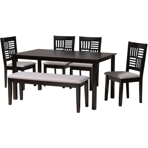 Deanna 6 Piece Dining Set in Grey Fabric & Dark Brown Finish Wood