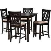 Florencia 5 Piece Pub Dining Set in Beige Fabric & Espresso Brown Finish Wood