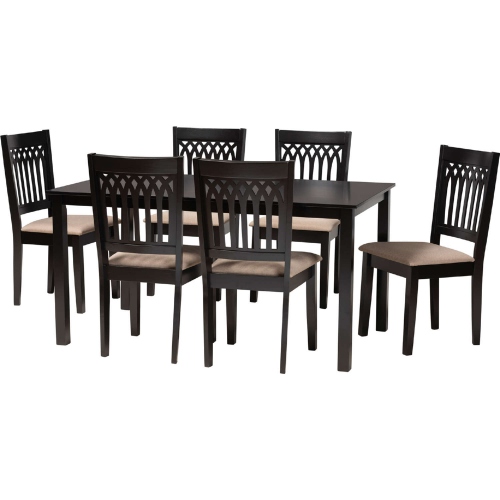 Genesis 7 Piece Dining Set in Beige Fabric & Dark Brown Finish Wood