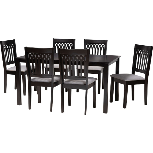 Genesis 7 Piece Dining Set in Grey Fabric & Dark Brown Finish Wood