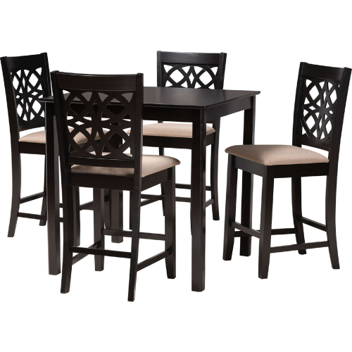 Abigail 5 Piece Pub Dining Set in Beige Fabric & Dark Brown Finish Wood