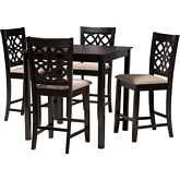 Abigail 5 Piece Pub Dining Set in Beige Fabric & Dark Brown Finish Wood