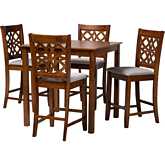 Abigail 5 Piece Pub Dining Set in Grey Fabric & Walnut Brown Finish Wood