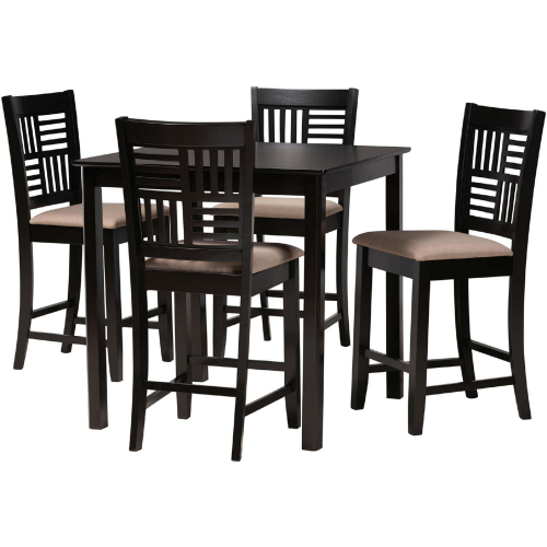 Deanna 5 Piece Pub Dining Set in Beige Fabric & Dark Brown Finish Wood