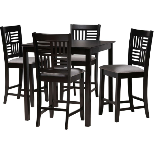 Deanna 5 Piece Pub Dining Set in Grey Fabric & Dark Brown Finish Wood