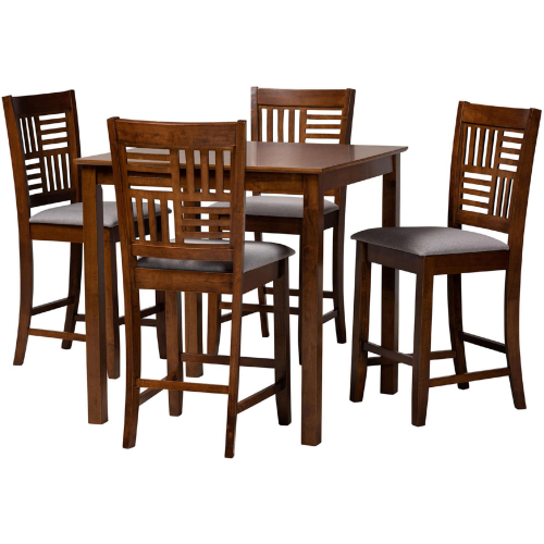 Deanna 5 Piece Pub Dining Set in Grey Fabric & Walnut Brown Finish Wood