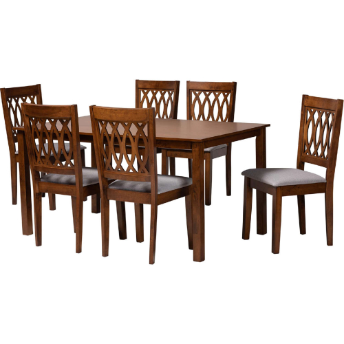 Florencia 7 Piece Dining Set in Grey Fabric & Walnut Brown Finish Wood