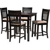 Genesis 5 Piece Pub Dining Set in Beige Fabric & Dark Brown Finish Wood