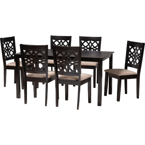 Abigail 7 Piece Dining Set in Beige Fabric & Dark Brown Finish Wood