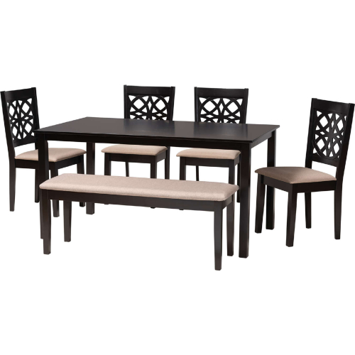 Abigail 6 Piece Dining Set in Beige Fabric & Dark Brown Finish Wood