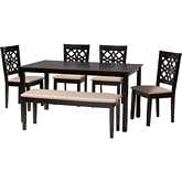 Abigail 6 Piece Dining Set in Beige Fabric & Dark Brown Finish Wood