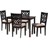 Abigail 5 Piece Dining Set in Beige Fabric & Dark Brown Finish Wood