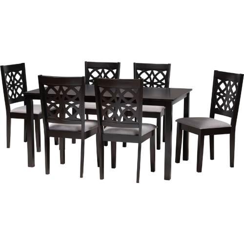 Abigail 7 Piece Dining Set in Grey Fabric & Dark Brown Finish Wood