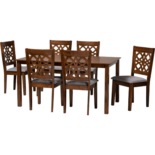 Abigail 7 Piece Dining Set in Grey Fabric & Walnut Brown Finish Wood