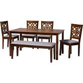 Abigail 6 Piece Dining Set in Grey Fabric & Walnut Brown Finish Wood