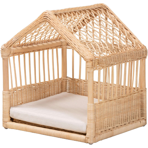 Pieta Pet Bed in Natural Brown Rattan & White Fabric