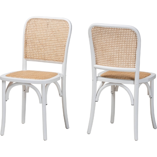 Neah Dining Chair in White Wood & Natural Rattan (Set of 2)