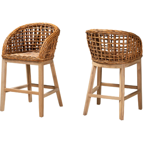 Mario Counter Stool in Natural Finish Teak Wood & Rattan (Set of 2)