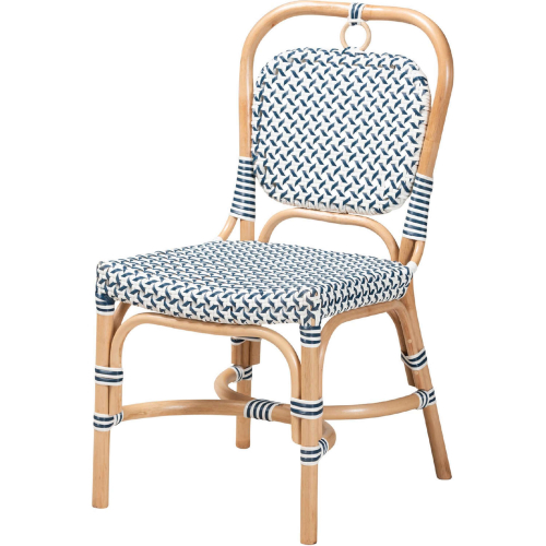 Luciana Bistro Dining Chair in Blue & White Weaving & Natural Rattan