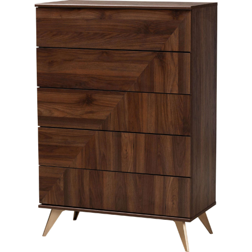 Graceland 5 Drawer Chest in Walnut Brown Finish Wood & Gold