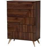 Graceland 5 Drawer Chest in Walnut Brown Finish Wood & Gold