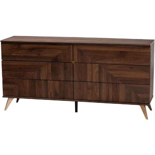 Graceland 6 Drawer Dresser in Walnut Brown Finish Wood & Gold