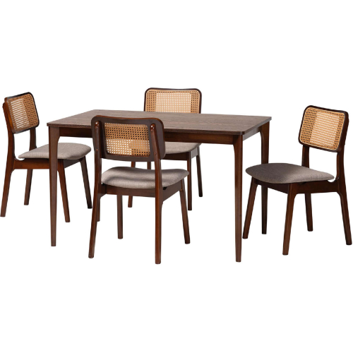 Dannon 5 Piece Dining Set in Grey Fabric, Walnut Finish Wood & Rattan