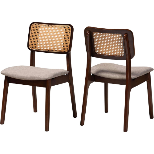 Dannon Dining Chair in Grey Fabric, Walnut Finish Wood & Rattan (Set of 2)